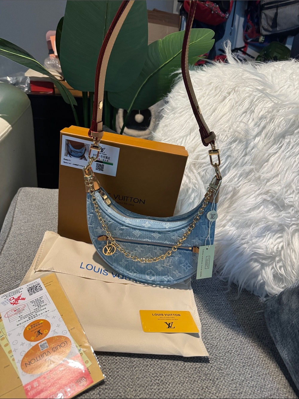 Louis Vuitton Light Blue Denim Crescent Shoulder Bag with Gold Chain